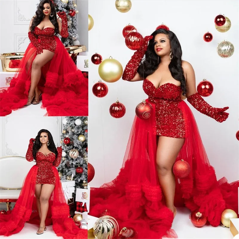 Robe de bal rouge Sexy, épaules dénudées, longueur au sol, paillettes, à volants, sur mesure, manches longues, robe de soirée