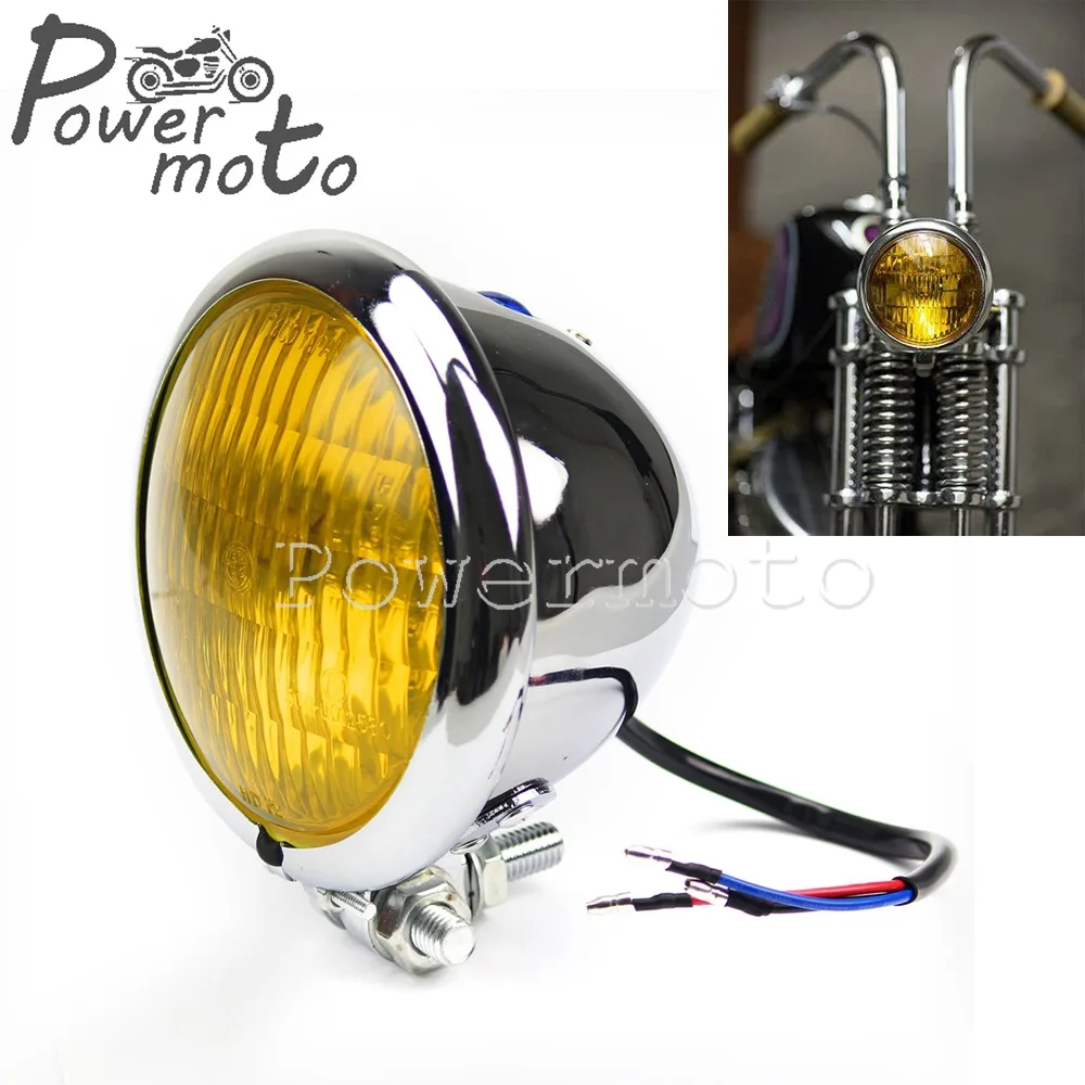 Chromowane żółte szkło 4,5 "Vintage motocykl Retro reflektor dla Tri XS650 Bobber Chopper Cafe Racer Sportster Road King Iron 883