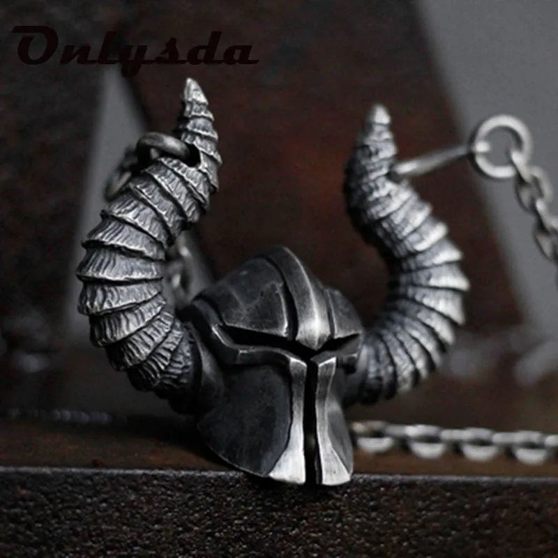 Onlysda Charms The helmet of Mars Pendant Necklace Men's Fashion Biker Punk Steel Chain Viking Jewelry Antique Halloween Gift