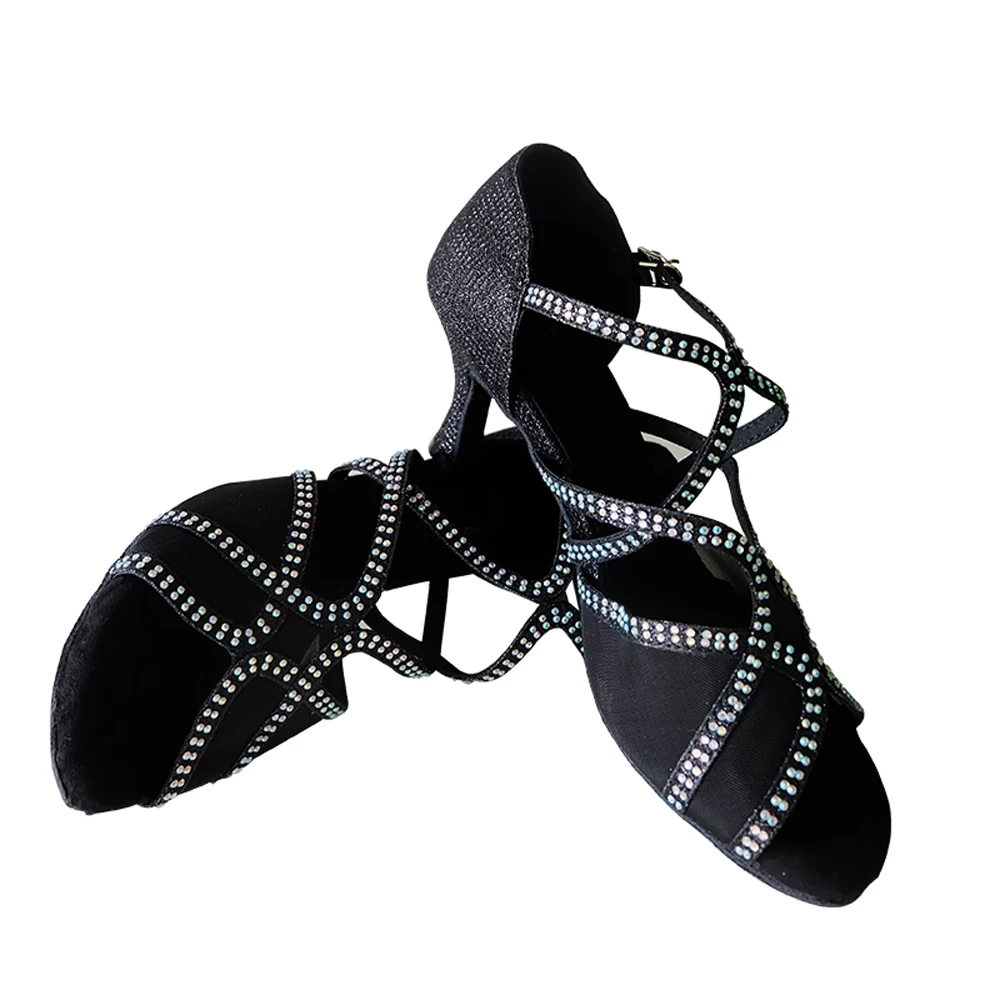 Evkoodance Practice Rhinestone Women's Dance Shoes Black 7cm Heeled Latin Salsa Ballroom Party Dancing Shoes for Girls