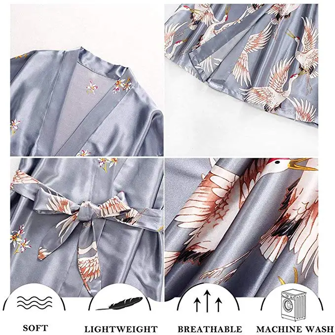 Gray satin Long Bathrobe Women Wedding Bride Bridesmaid Robe Nightgown Sleepwear Print Crane Kimono Size S M L XL XXL XXXL