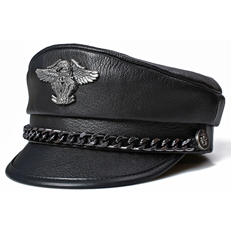 Women Men Real Leather Sailor Cap Black Cotton Military Hats Female Male Autumn Fashion Hat Army Luxury Designer Baker Boy Caps