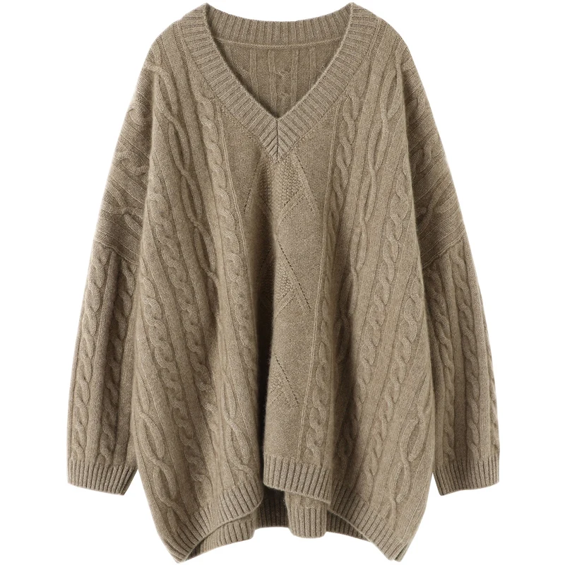 

aliaga oversized winter chunky knit 100% cashmere v neck sweater long sleeve women's warm knitwear