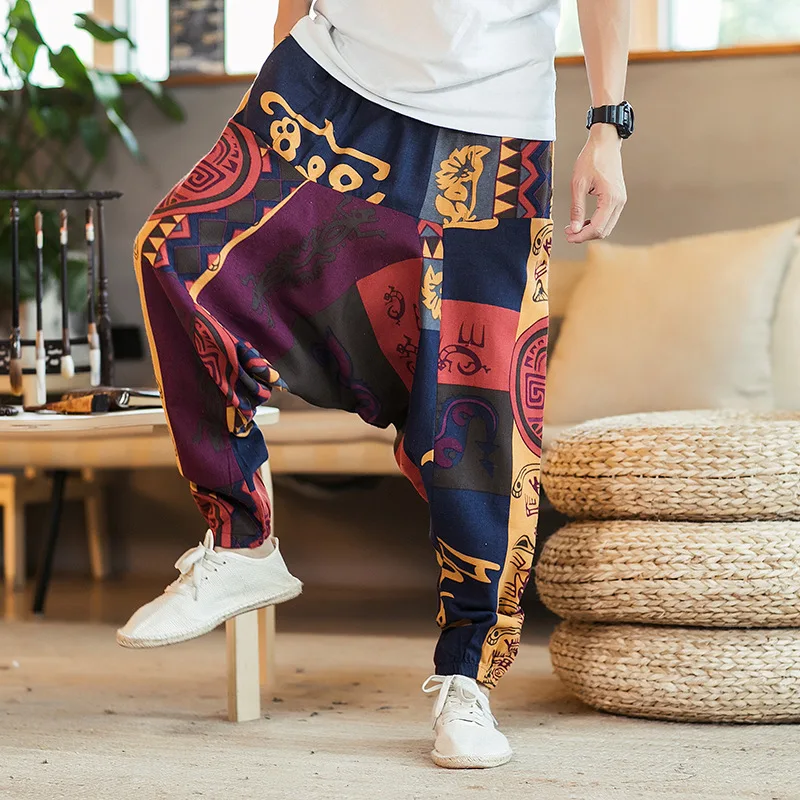 

5XL Autumn Men Sweatpants Linen Nepal Harem Hippie Loose Crotch Pant Bloomers Casual Jogger Running Workout yoga Pant Activewear