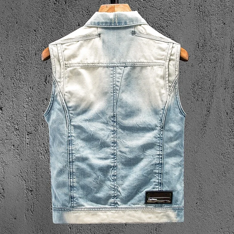 Denim Biker Vest Men Casual Slim Sleeveless Vintage Cowboy Jacket High Street Single Breasted Pocket Short Waistcoat Light Color