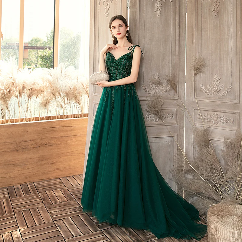 Ladybeauty 달콤한 더스티 핑크 크리스탈 댄스 파티 드레스 긴 스트랩 스파게티 Tulle Evening Gown Slit Right