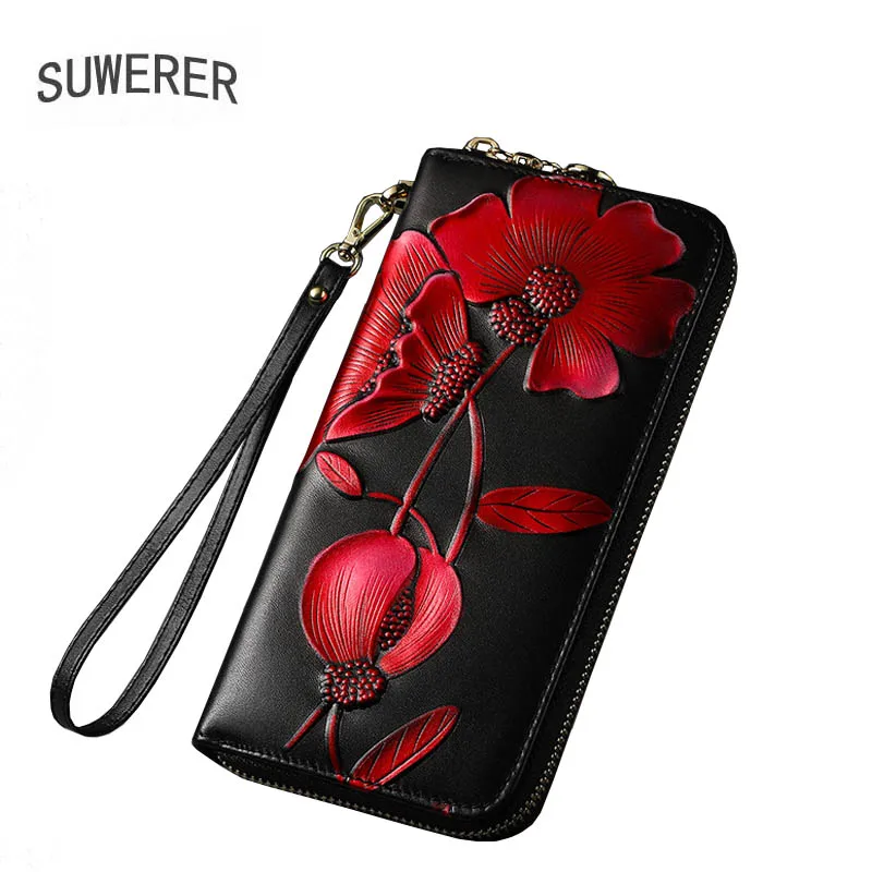 SUWERER NEW Women Genuine Cowhide Leather Bags Women Wallet Fashion Embossing Clutch bag Luxury Women Bag