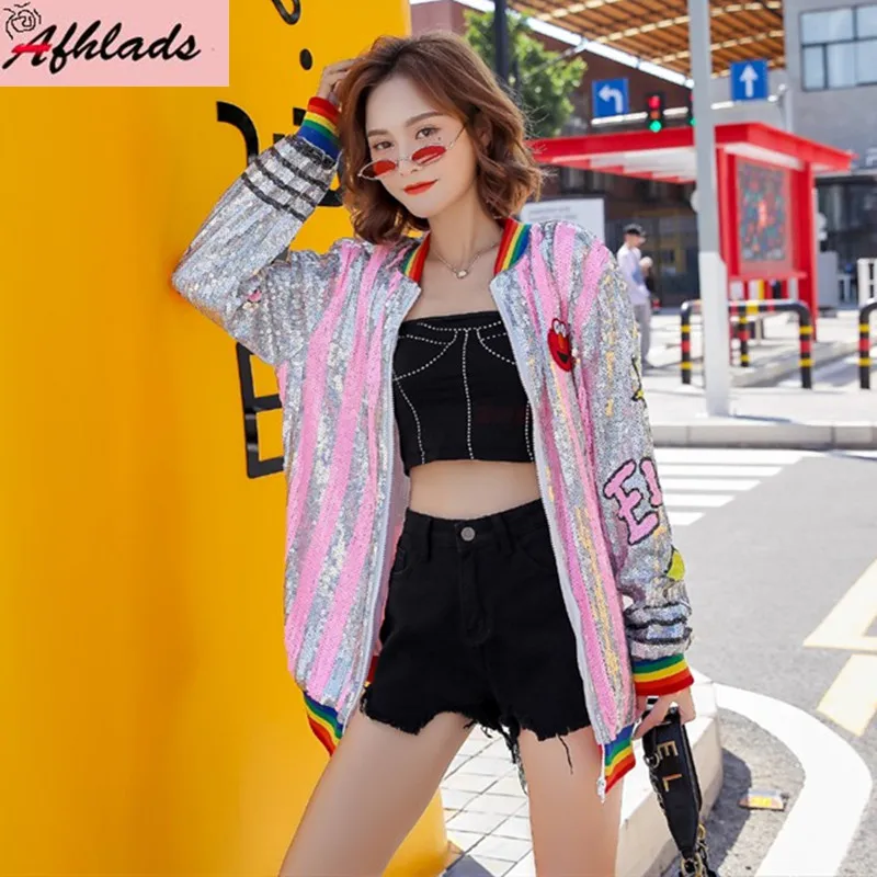 

2022 New Female Spring And Autumn Sequined Cartoon Print Korean Loose Fashion Outerwear Coats Long Sleeved Hip Hop Jackets