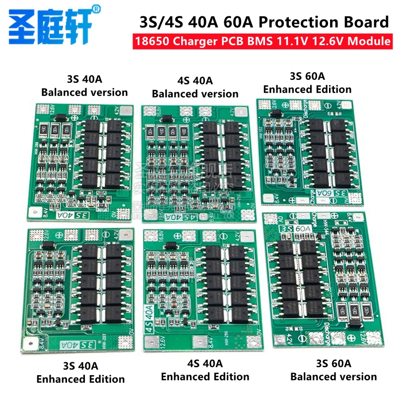 Placa de protección para cargador de batería de iones de litio 3S/4S 40A 60A, 18650 BMS para Motor de taladro 11,1 V 12,6 V/14,8 V/16,8 V,