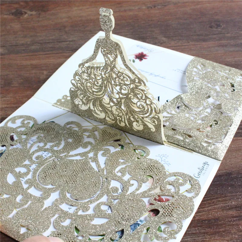 

Glitter Gold Pop Up Invitation Card Girl Laser Cutting Pocket Customized Printing Inserts 50 Pieces Party Decoration