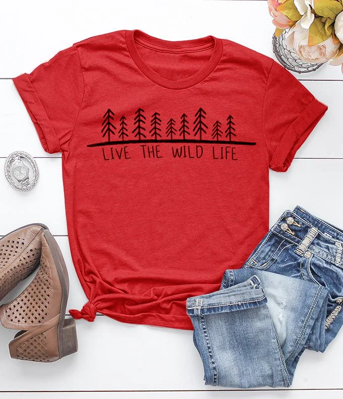 Unisex Funny Camisetas Fit Cotton Tshirt Top Tee Live The Wild Life T-Shirt Aesthetic Vintage Grunge Graphic Women Casual Forest