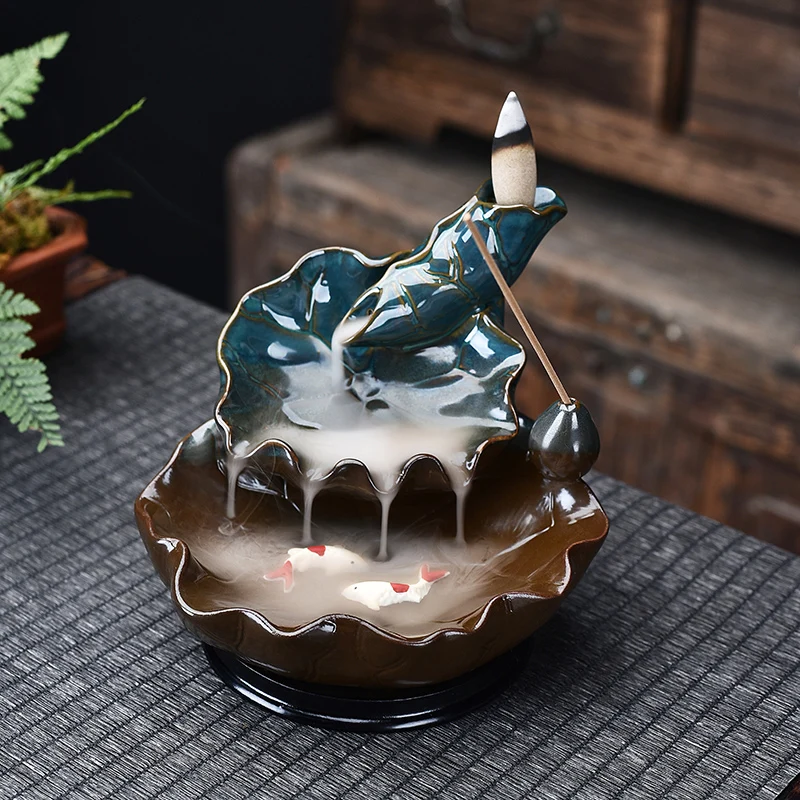 Fish Backflow Incense Burner Ceramic Smoke Waterfall Incense Sticks Holder Creative Home Decor Porcelain Censer Gift Ornaments