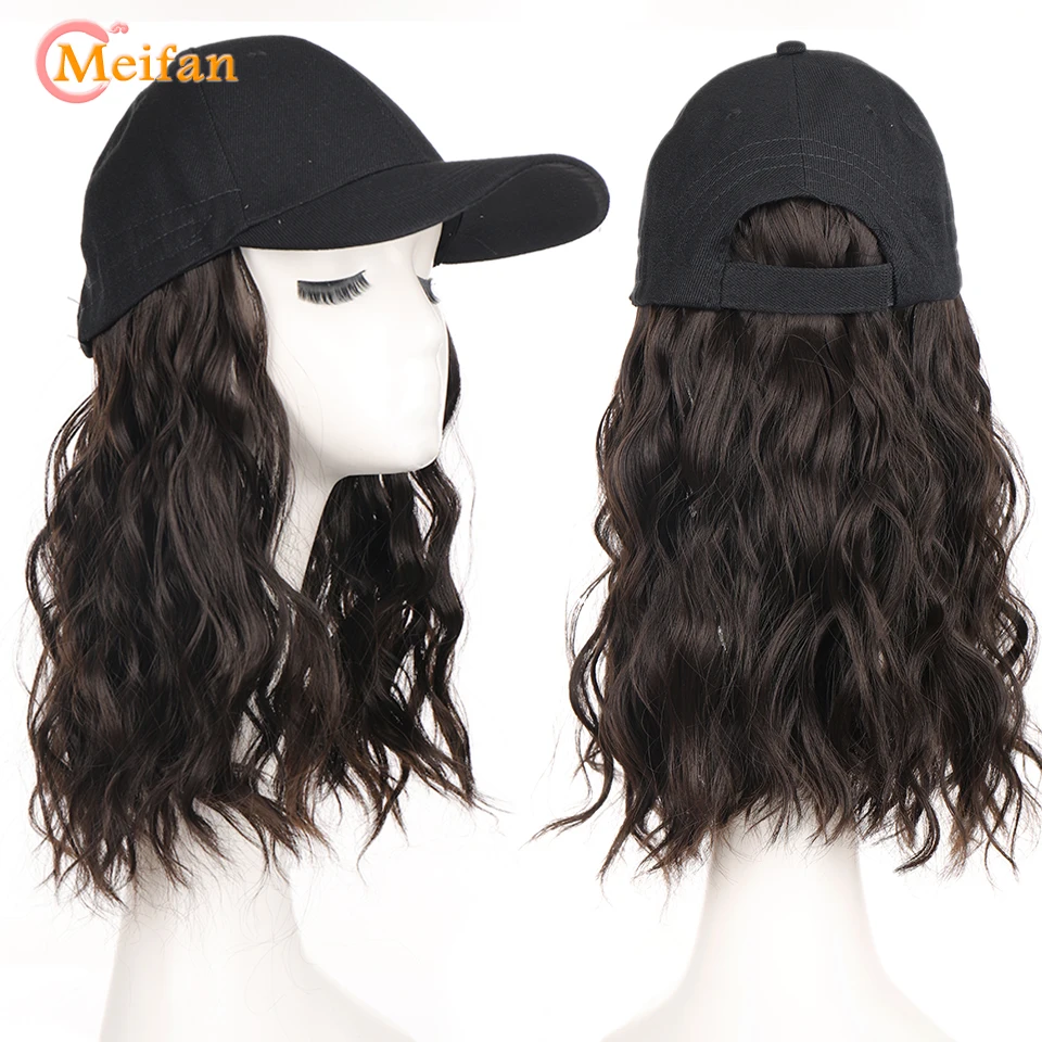 MEIFAN Synthetic Fluffy Wave Curly Natural Hair with Hat Baseball Cap Naturally Connect Adjustable Trucker Hat Wig