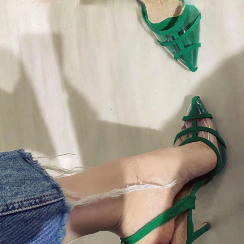 2021 European and American Pointed Low-Cut High Heels Transparent Cutout Middle Heel Fine Heel Pumps Woman Sandals