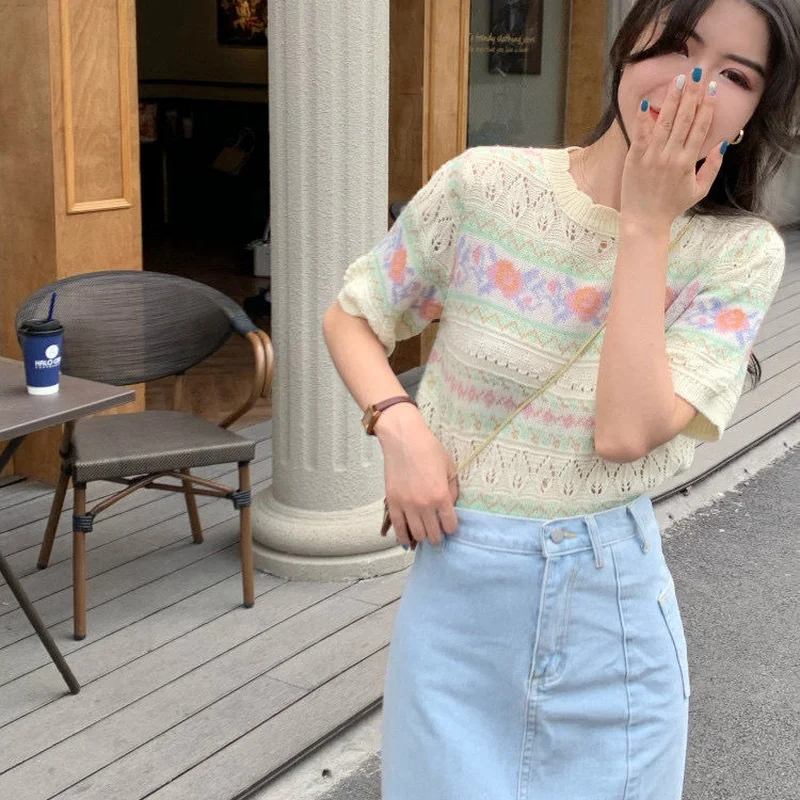 Women Short Sleeve Pullovers Knitting Hollow Out Printed Sweet Girls Soft Slender Korean Style Hipster Teenagers Lovely Popular