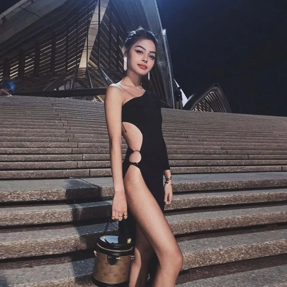Abito estivo a spacco alto per donna Sexy una spalla Soild scava fuori abbigliamento da donna Clubwear abito da sera per interni ed esterni