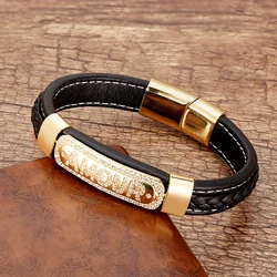 Fashion Cubic Zirconia Pave Setting Letter Bracelet For Women Men Stainless Steel Magnetic Clasp Braided Leather Luxury Bangles