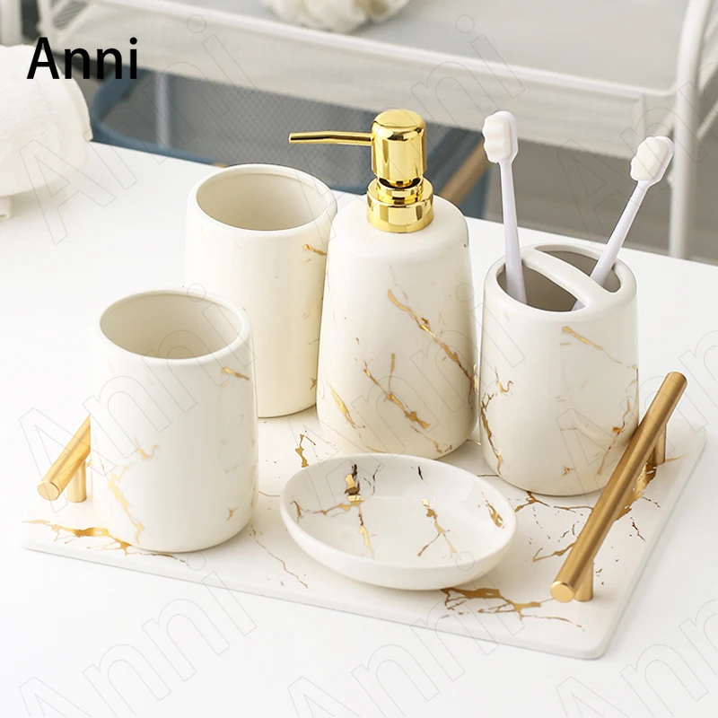 Golden Stroke Marble Texture Bathroom Accessories Set Ceramic Nordic Modern Creativity Home Five Piece Set Shower Accessories