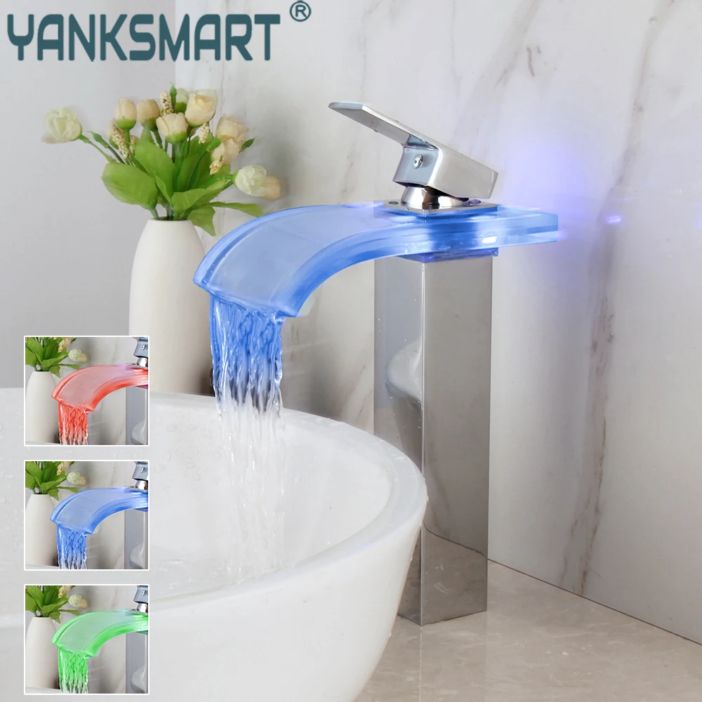 

YANKSMART LED Waterfall Bathroom Faucet Glass Spout Brass Basin Sink Chrome Faucets Washbasin Deck Mounted Mixer Water Tap