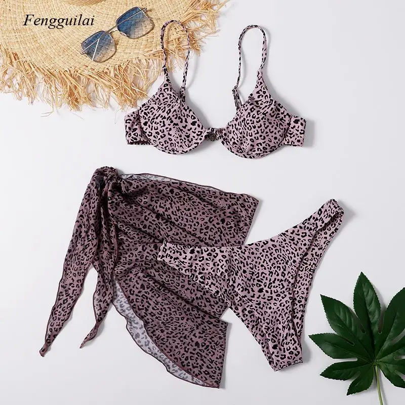 2021 New Leopard Print Sexy Bikini Three Piece Summer Beach Swimming Wear Fashion Set