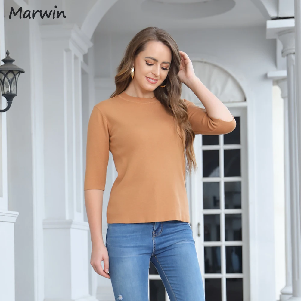 Marwin New Autumn Winter Half Sleeve O-Neck Office Lady Solid Women Slim Soft Warm Sweater Undershirt Female Fashion Pullover