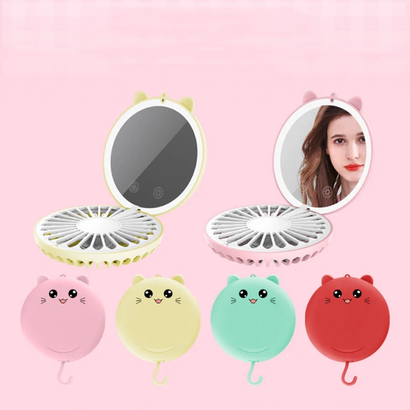 LED Makeup Mirror With Small Fan USB Charging Fill Light Beauty Mirror Portable Creative Small Fan Mini Vanity Mirror