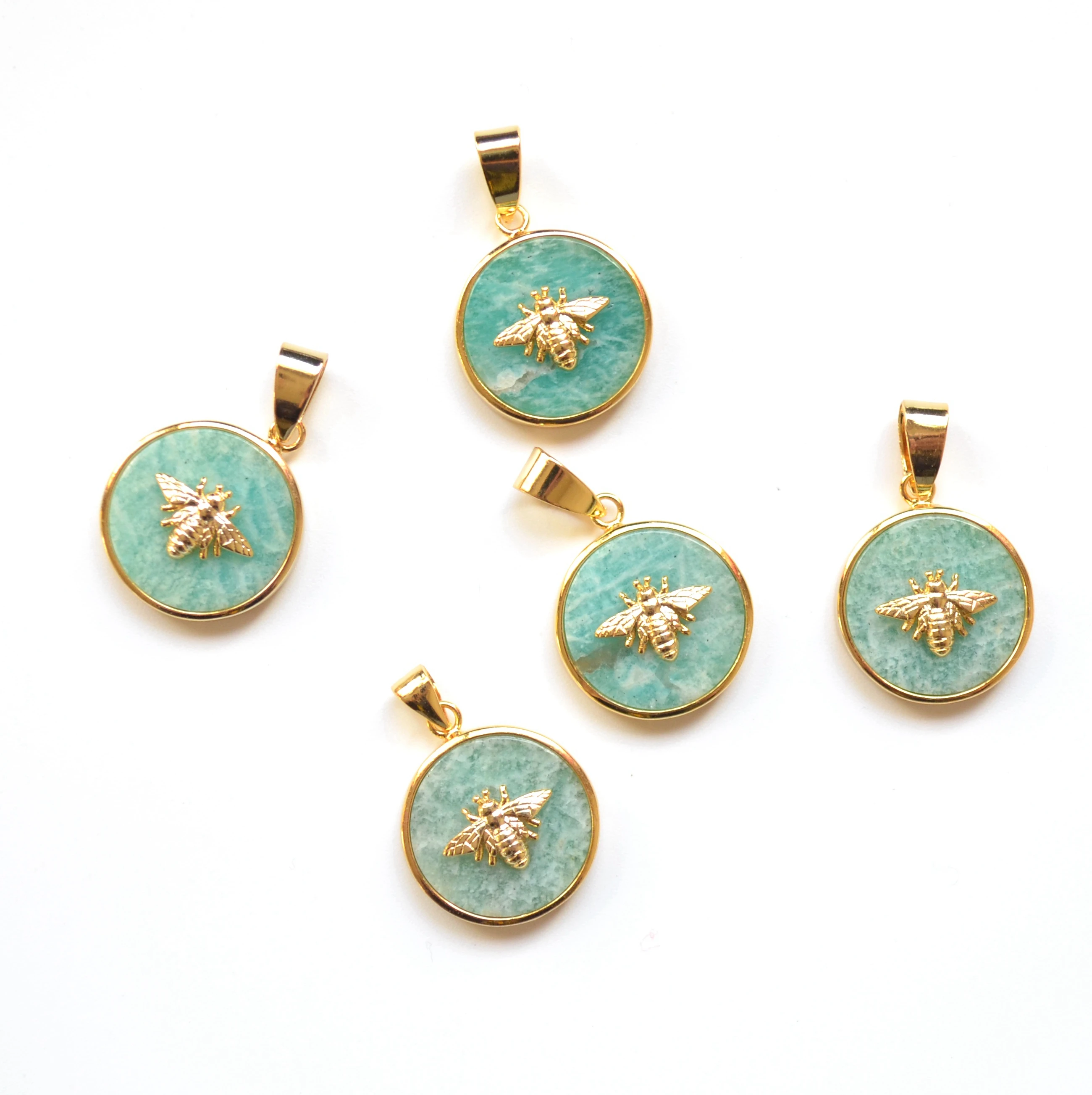 Round Amazonite pendants with gold electroplated insect paved pendant