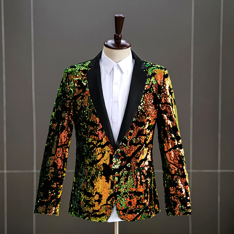 Men Fashion Shawl Lapel Red Gold Sequins Blazer Star Concert Men Singer Glitter Suit Jacket Host Evening Party Formal Tuxedo