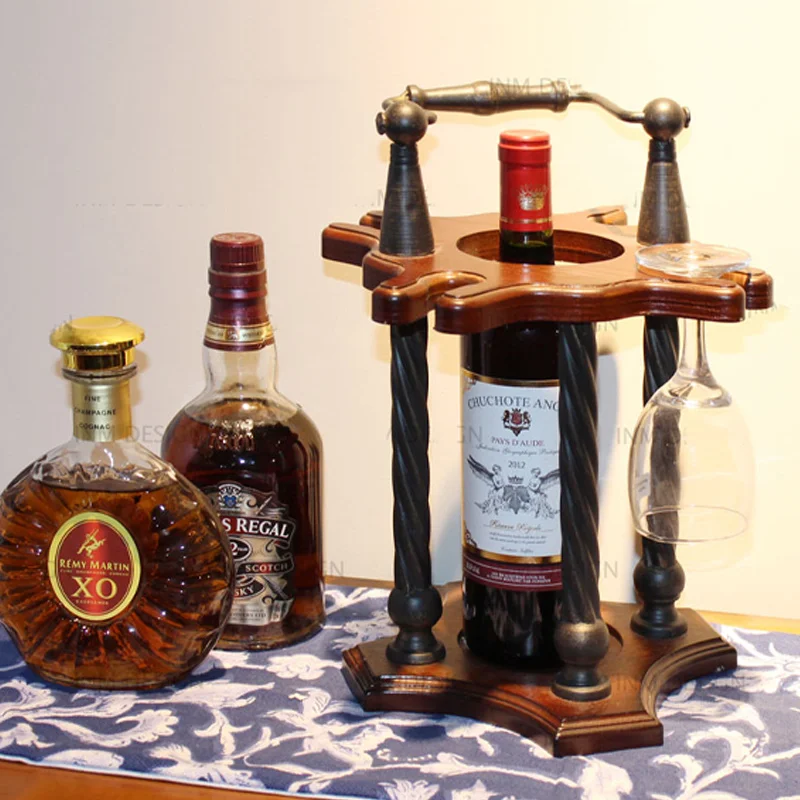 

Tabletop Wood Metal Wine Holder Vintage Style Countertop Wine Rack Hold 1 bottle and 4 Glasses Home Decor & Kitchen Storage Rack