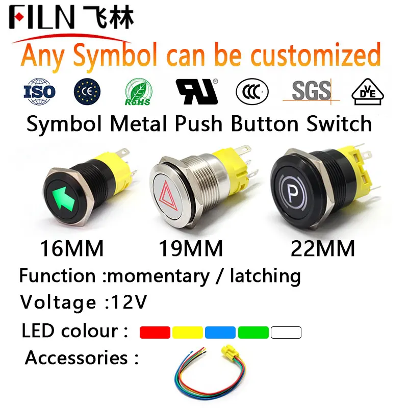 

FILN 16mm 19mm 22mm 12v LED 1NO1NC Metal Push Button Switch Dashboard Custom Symbol Momentary Latch on Off Car Moto Switch