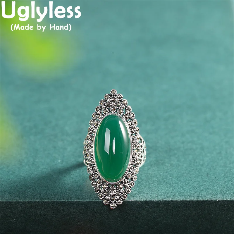 Uglyless Personalized Big Chalcedony Rings for Women Hollow Wide Marcasite Rings Real 925 Sterling Silver Exaggerated Jewelry