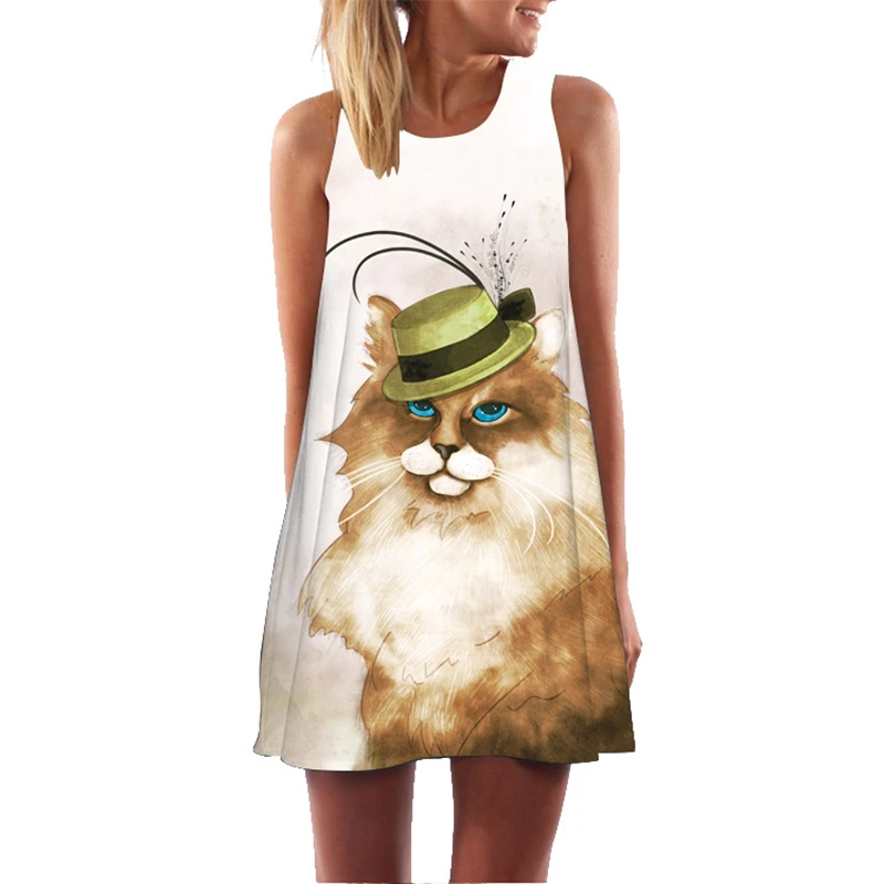 Cute Cats 3D Degital Print Womens Dress Summer Sleeveless O-neck A-line Casual Mini Dress Elegant Holiday Beach Sundress