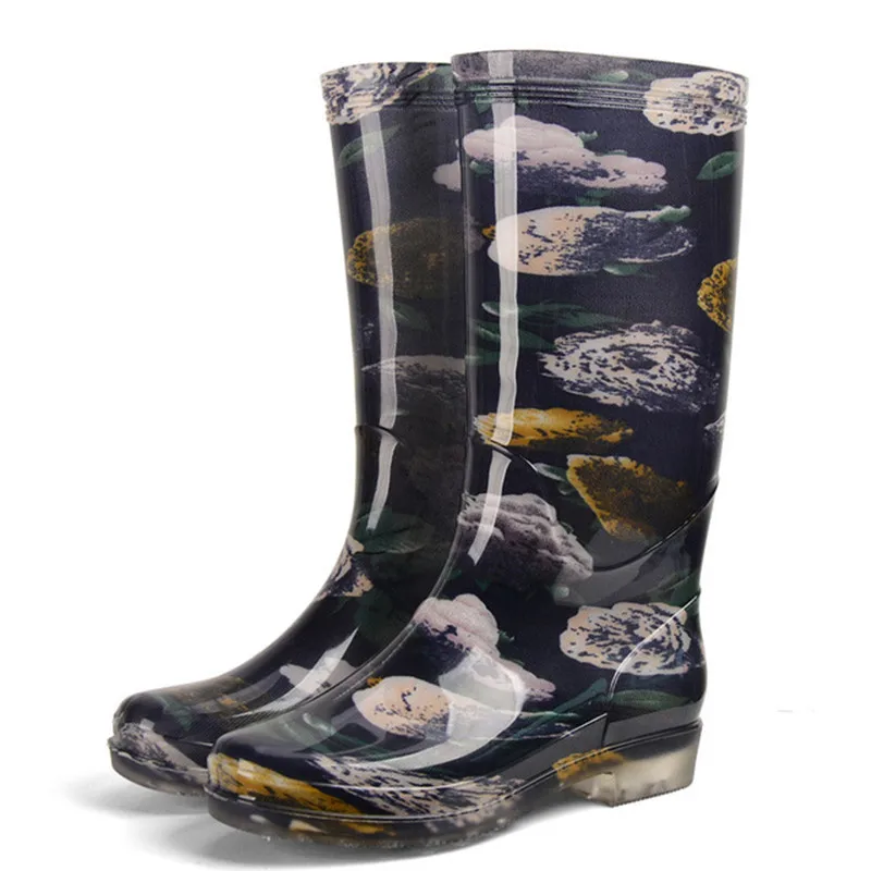 Rouroliu kobiet drukowane wysokiej Rainboots wodoodporne buty do wody kalosze antypoślizgowe Kalosze przeciwdeszczowe z PVC kobieta RB268