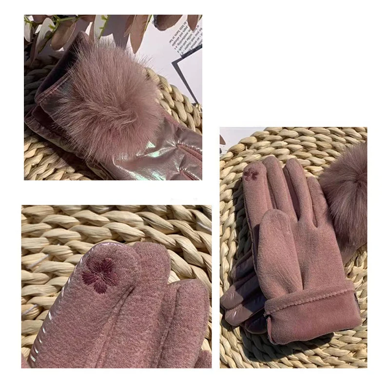 2021 New Fashion Grace Lady Women Gloves Winter Vintage Pom Pom Windproof Warm Touch Screen Driving Cycling Glove Mittens G085