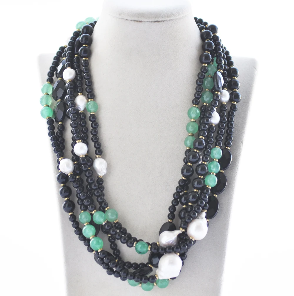 

Z10665 6Row 22" 22mm White Drip Keshi Pearl Green Jade Black Agate Necklace