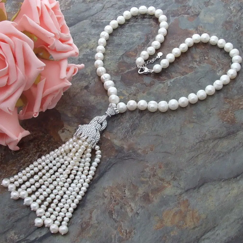 Popular micro-inlay leopard head pendant white 8-9MM natural freshwater pearl necklace 20 inches tassel pearl 3-4 mm