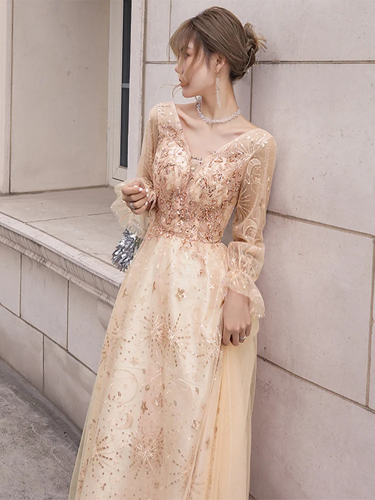 Customized Evening Dresses Lace up Long Sleeves V-Neck Plus size A-line Floor-length Simple Crystal Woman Formal Party Dress