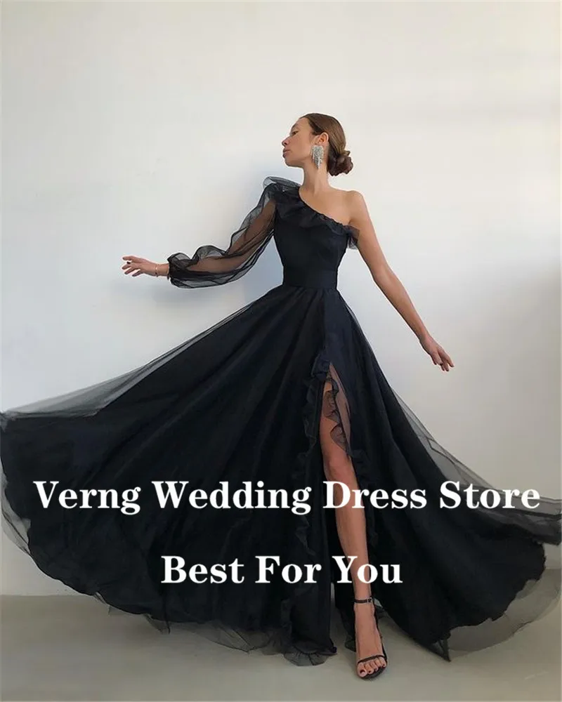 Verngo Elegante Dusty Roze Tulle Lange Prom Dresses Een Schouder Mouwen Ruches Een Lijn Avondjurken Vrouwen Speciale Gelegenheid Jurk