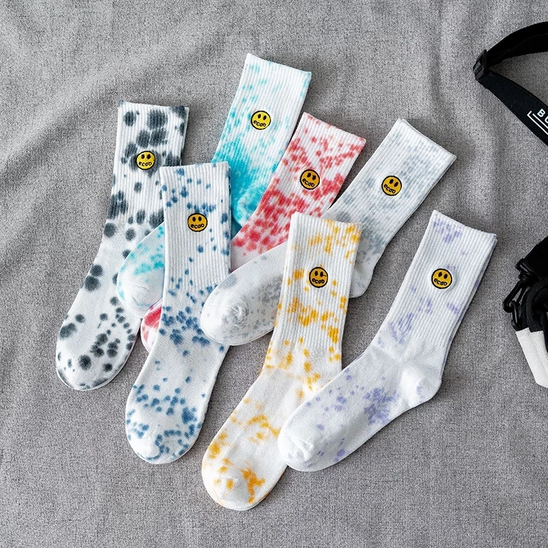 

New Fashion Tie-dye Smiling Face Men and Women Socks Cotton Colorful Vortex Embroidery HipHop Skateboard Funny Happy long Socks