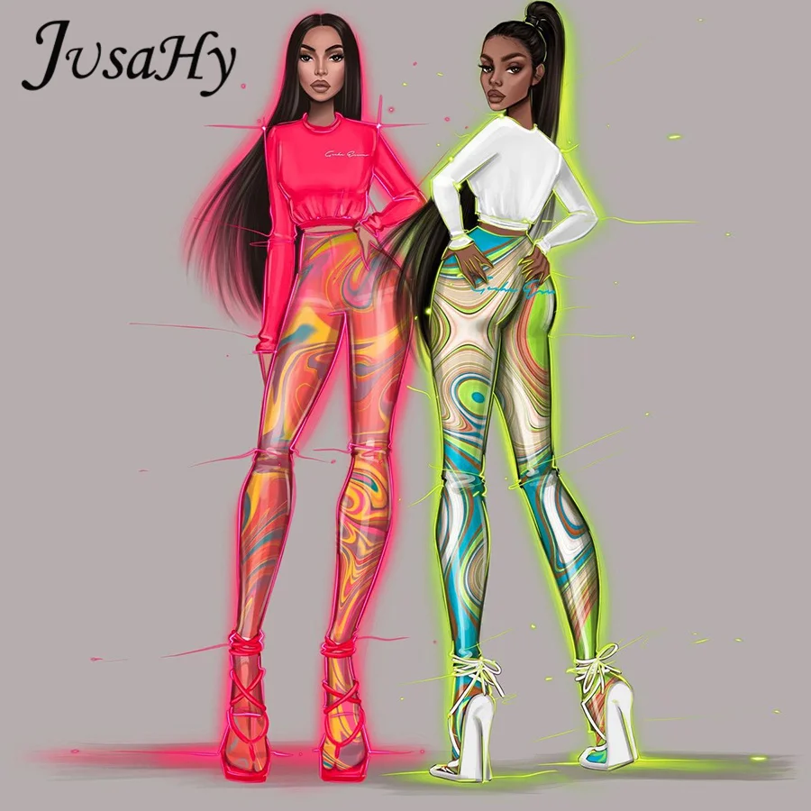 JuSaHy Y2K Mesh Print Foot Pants Women High Waist Skinny Slim Body-Shaping Leggings  Fashion Sexy High Street Female Trousers