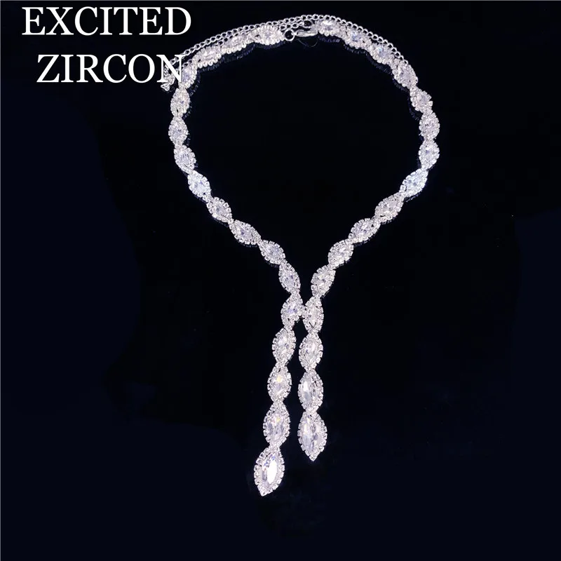 Elegant ladies wedding bride bridesmaid classic fashion jewelry set delicate round zircon rhinestone necklace earrings