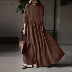 ZANZEA 2023 Elegant Solid Dress Women's Spring Sundress Casual Long Sleeve Pleated Maxi Vestidos Female Cotton Robe Oversized