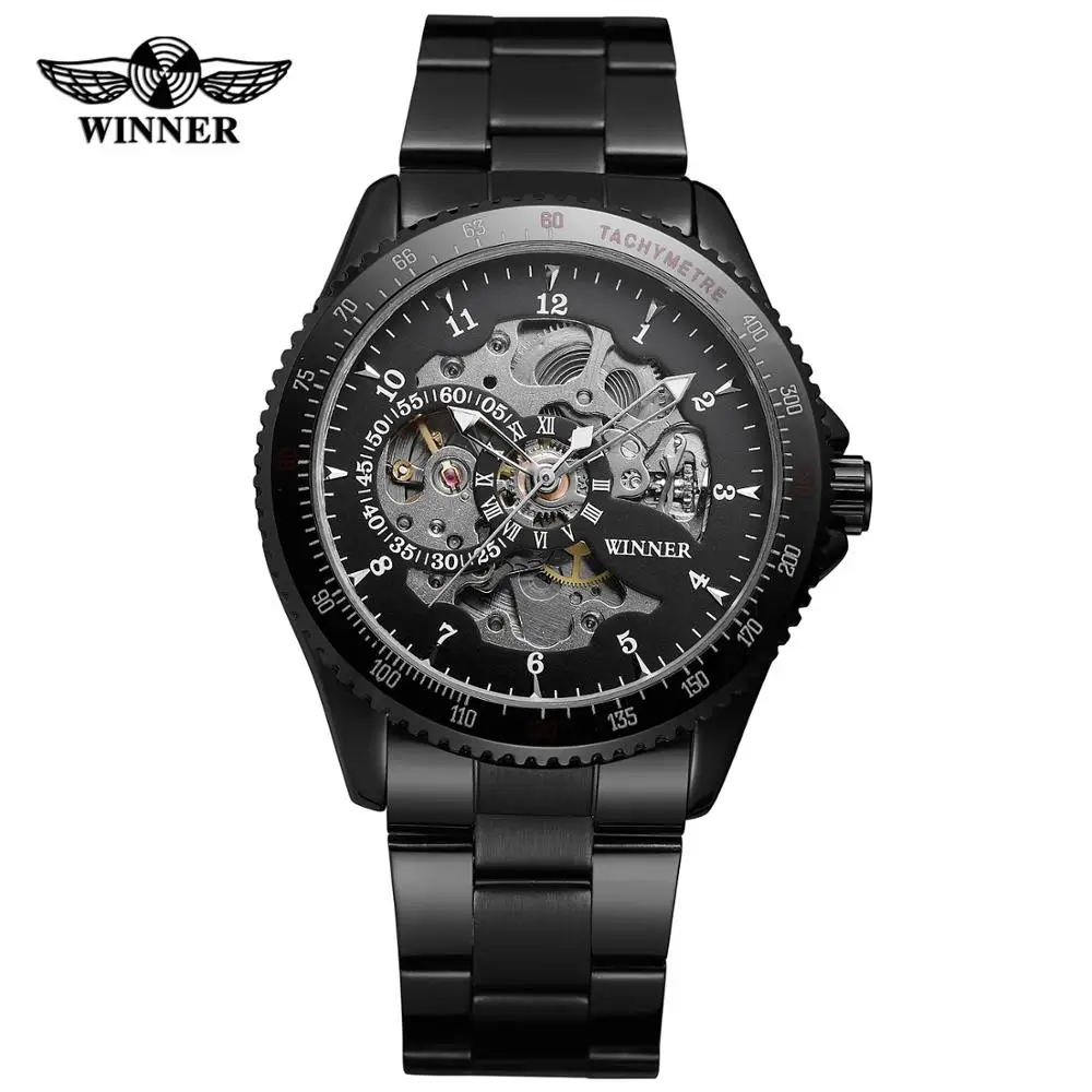 WINNER Fashion Men's and Women's Watch Black Case Black Stainless Steel Strap Automatic Mechanical Watch