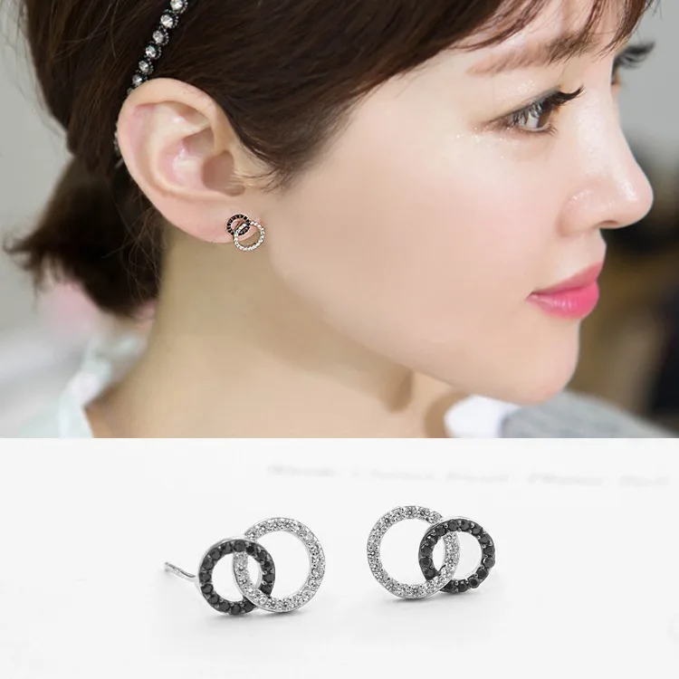 New Hot moda 925 Sterling Silver Crystal dwa kółka kolczyki dla kobiet dziewczyn prezent moda komunikat biżuteria