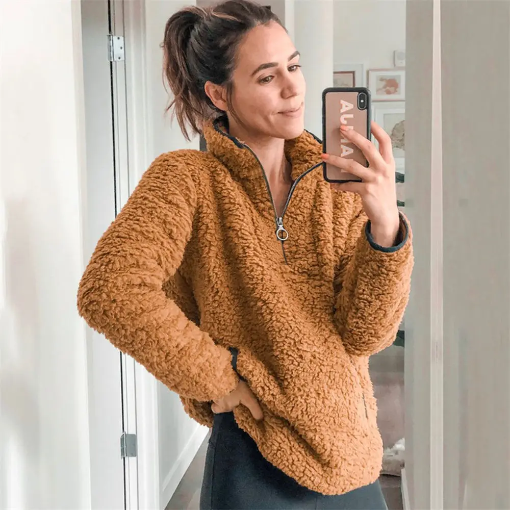 Turtleneck Sweater Fluffy Teddy Fleece Half Zipper Pullover Women Winter Fall Casual Sweaters Female Zip Pullovers