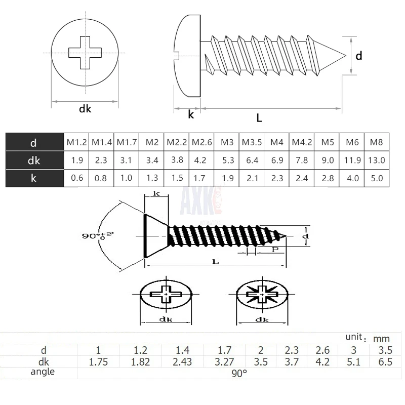 100pcs M1 M1.2 M2 M2.6 M3  Black Steel Mini Micro Small Phillips Flat Countersunk Head Cross Round Pan Head Self-tapping  Screw