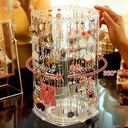 360 Degree Rotating Jewelry Storage Box Earring Display Stand Plastic Earring Organizer Holder Showcase Jewelry Makeup Case 2024