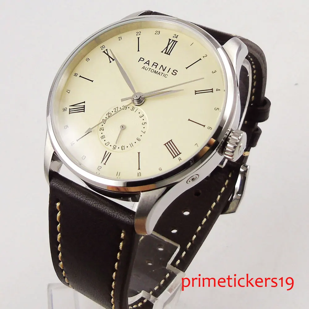 Stainless Steel Case 24 Hours Date 42mm Parnis Beige Dial Silver Plated Hands Automatic Movement Men\'s Watch