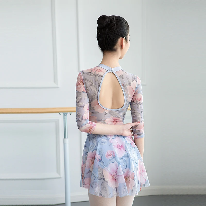 เต้นรำLeotardบัลเล่ต์สำหรับผู้ใหญ่กระโปรงแขนยาวFloraสูงคอบัลเล่ต์Leotard Ballet Ballerina DancewearยิมนาสติกLeotards