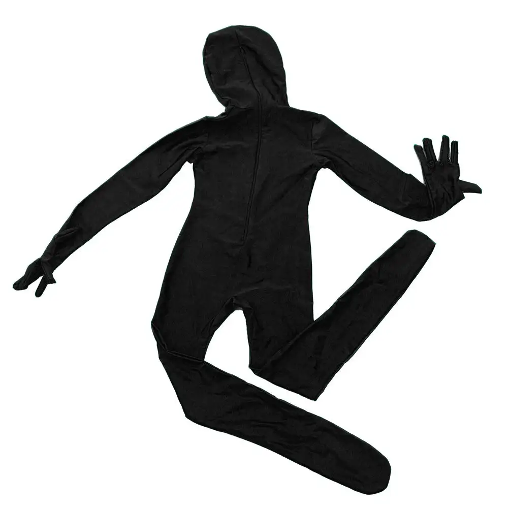 LZCMsoft Children Full Body Unitard Open Face Nylon Kids Spandex Zentai Costumes Long Sleeve Hooded Black Skin Zentai Bodysuits